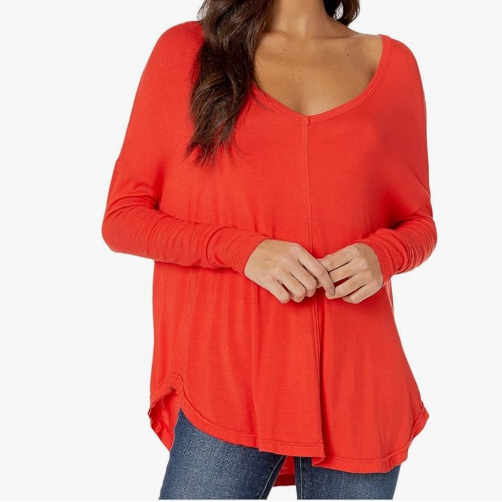 Free People Red Long Sleeve Oversized Blouse